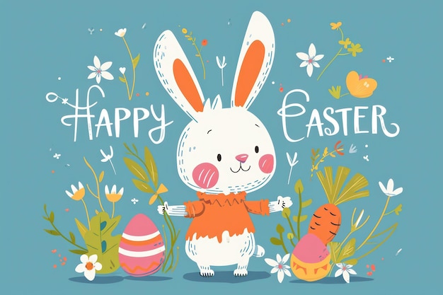 Zdjęcie królik w stylu płaskiej ilustracji z marchewką i jajami wielkanocnymi tekst happy easter generative ai