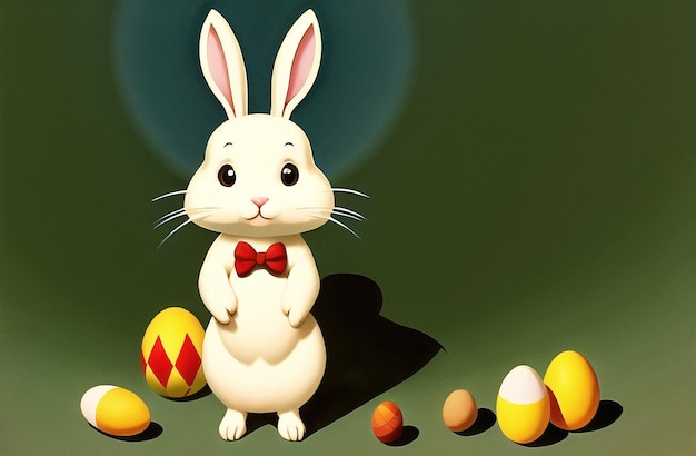 Zdjęcie królik wielkanocny i jaja w gospodarstwie tło krajobrazu obchody świąt wielkanocnych ai generated