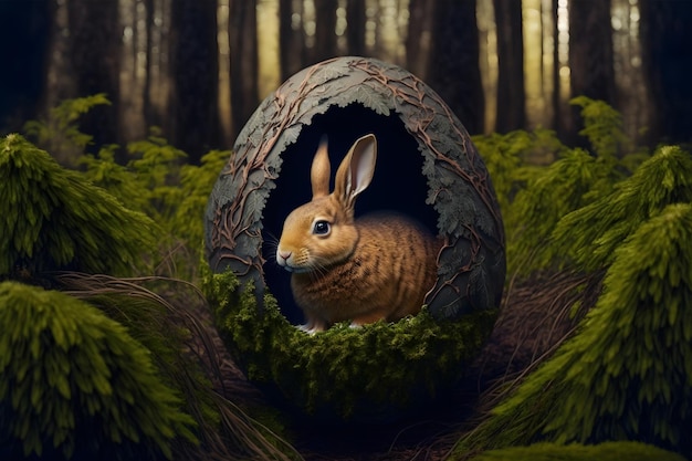 Zdjęcie królik wielkanocny w leśnej dziurze wśród pisanek puszysty królik szuka kolorowych zdobionych jajek w leśnej trawie w pobliżu dziury w postaci jajka słonecznego