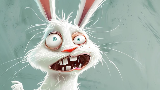 Zdjęcie królik z kreskówki z dzikim wyrazem twarzy królik jest biały z różowymi uszami i niebieskimi oczami ma duże usta z zębami