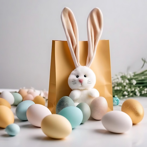 Królik z królikiem siedzi w brązowej papierowej torbie z jajkami i kwiatami.