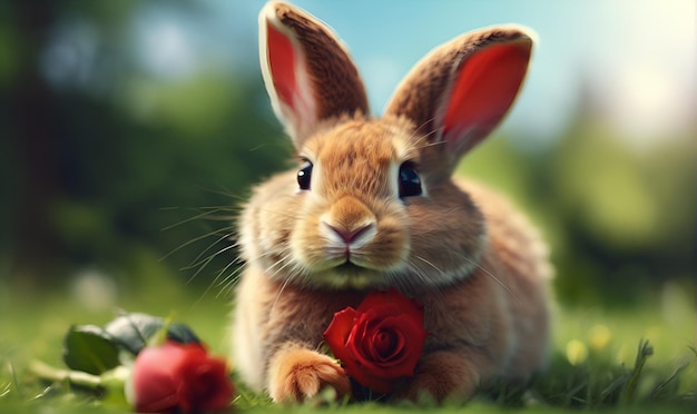 Zdjęcie królik z kwiatem róży na zielonym trawniku