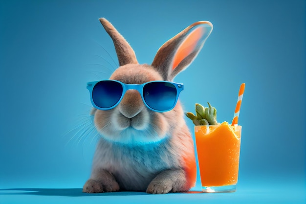 Królik z okularami przeciwsłonecznymi i szklanką soku pomarańczowego