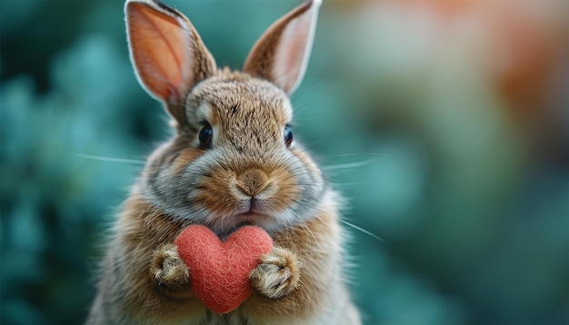 Zdjęcie królik z sercem walentynki na pastelowym tle słodki realistyczny królik z czerwonym sercem