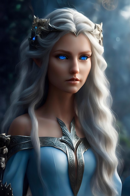 królowa elfów ze spiczastymi uszami niebieskie oczy piękne długie włosy całe ciało ultra realistyczny obraz