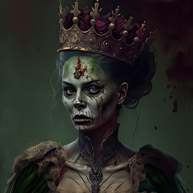 Królowa zombie z zieloną twarzą na gradientowym tle Korona symbol władzy chodząca martwa blada skóra wysokiej rozdzielczości generatywna sztuczna inteligencja
