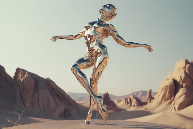 Kromowana kobieta-robot tańcząca na pustyni Sztuczna inteligencja wzrasta i błyszczy Mechaniczne piękno generowane przez sztuczną inteligencję