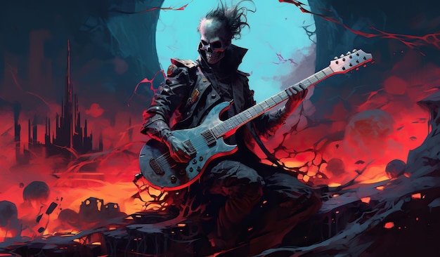 Kroniki Dragon Age prequele psychodeliczny rock gitarzysta ciemnoczarny i błękitny plakat koncertowy szkieletowy