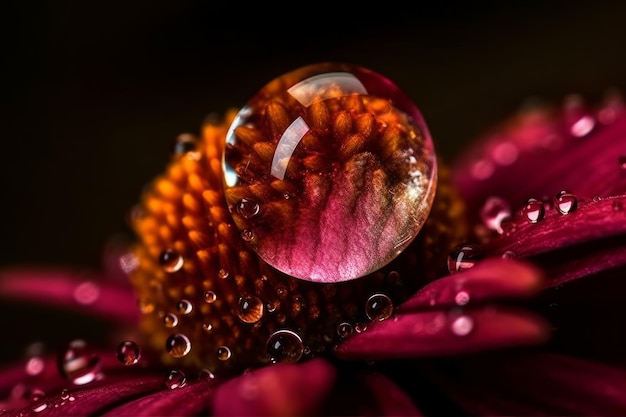 Kropelka wody siedzi na kwiatku z ciemnym tłem.
