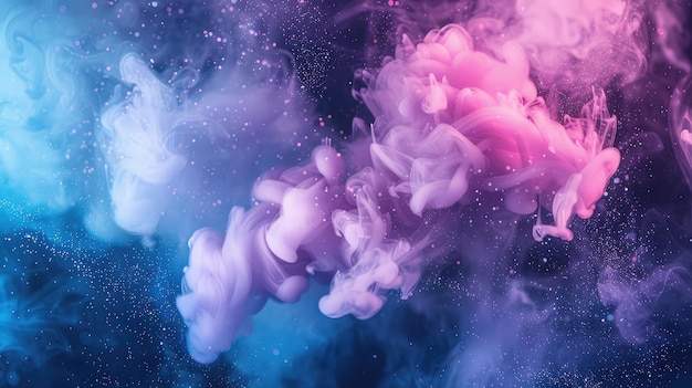 Kropla farby w wodzie Kolor ruchu wybuch dymu Niebieski różowy kolor płyn rozpryskiwanie chmury pary na błyszczącej teksturze pyłu czarna abstrakcyjna sztuka tło