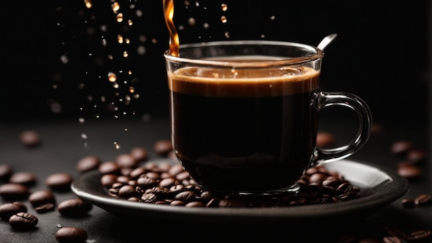 Kropla kawy spada z wysokości do filiżanki kawy na czarnym tle generatywnej AI