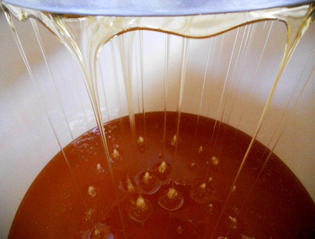 Zdjęcie kropla miodu pszczelego kapie z sześciokątnych plastrów miodu