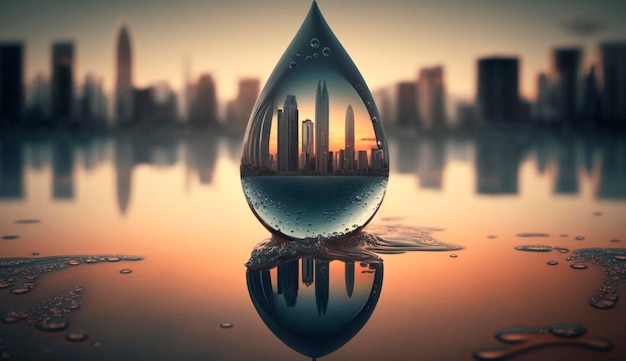 Kropla wody na tle niebieskiego koloru miasta Generative AI