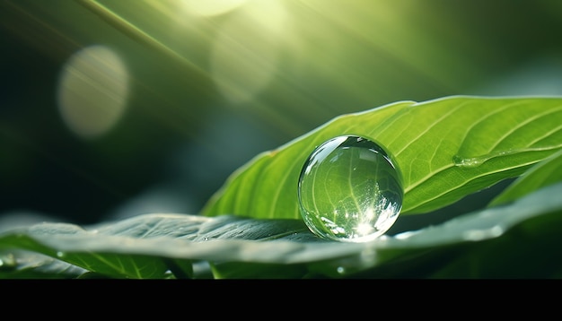 kropla wody na zielonym liściu w stylu fotorealistycznych krajobrazów flary obiektywu