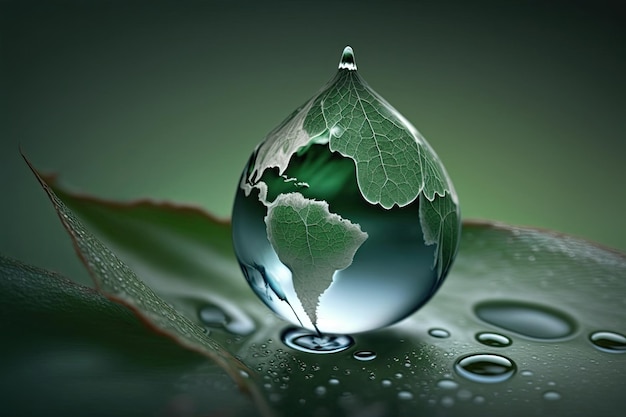 Zdjęcie kropla wody spadająca na zielony liść generacyjna ai