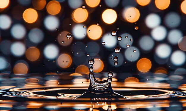 Zdjęcie kropla wody tworzy rozpryskiwanie na tle świateł bokeh