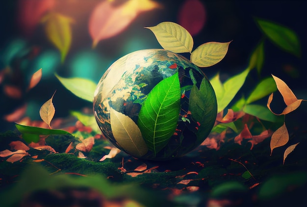 Kropla wody w kształcie ziemi z zielonymi liśćmi w dżungli Koncepcja Światowego Dnia Ochrony Środowiska i Światowego Dnia Wody Motyw ochrony środowiska Generative AI