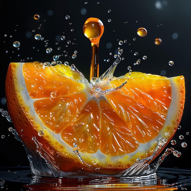 kropla wody wpada do płatka pomarańcza