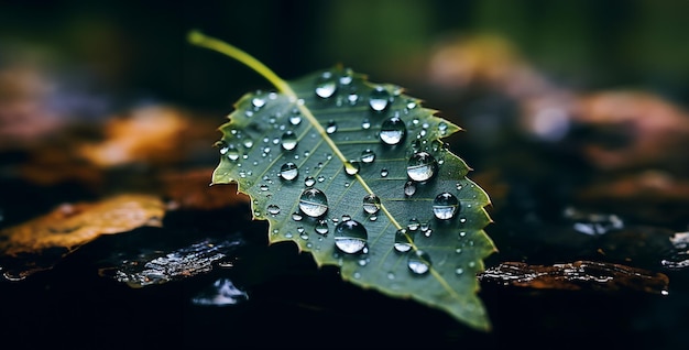 Krople deszczu na liście krople wody na liście blisko na liście w lesie mgliste poranki