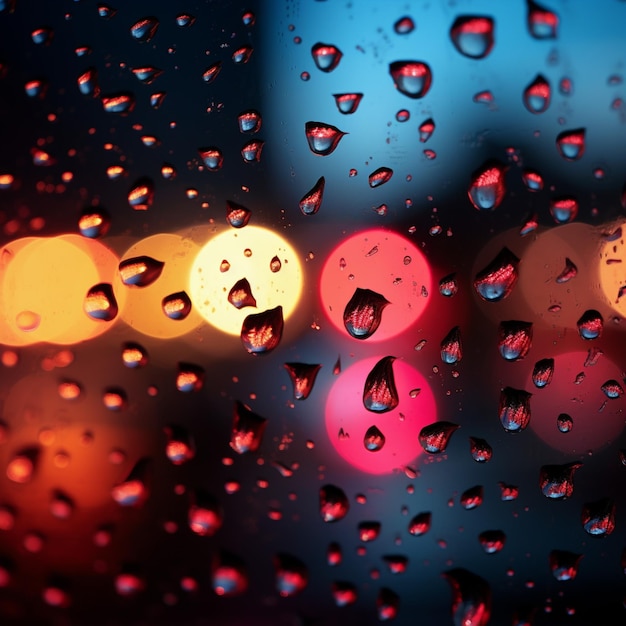 Zdjęcie krople deszczu na oknie czerwone i kolorowe światła rozjaśniają noc dla rozmiaru postu w mediach społecznościowych