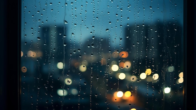 Krople deszczu na oknie z krajobrazem miejskim w tle