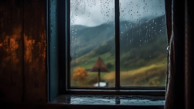 Krople deszczu na oknie z widokiem na góry w tle generatywnej sztucznej inteligencji