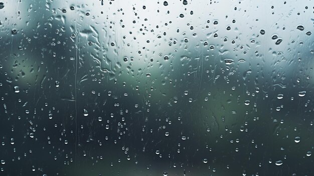 Krople deszczu na powierzchni szkła okiennego z szarym tłem nieba