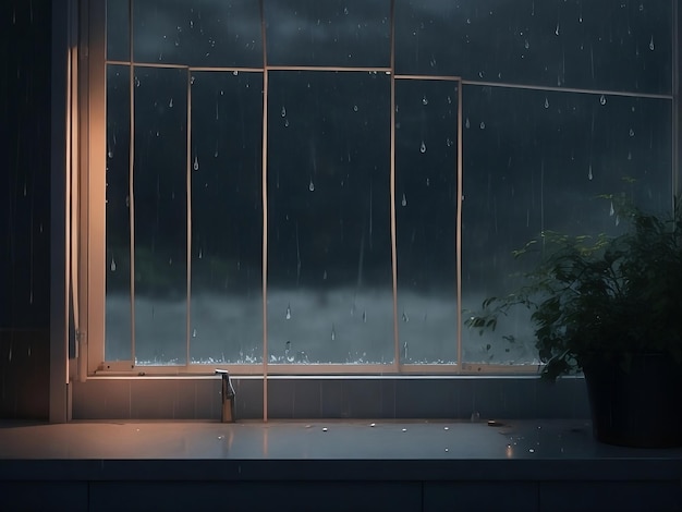 Zdjęcie krople deszczu na przezroczystej szklanej oknie silna burza deszczowa nad ciemno niebieską chmurą i tłem nieba a l