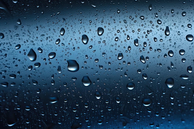 Krople deszczu na szkle Niebieskie tło Płytkie DOF Krople wody na niebieskim szkle AI Generated