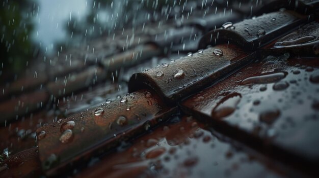 Krople deszczu przyczepiają się do płytek z terakoty, symfonia odblasków i tekstur.