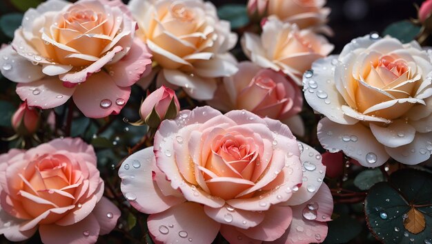 Krople wody na pięknej, kolorowej tapecie tła z ogrodami różanych kwiatów