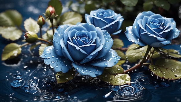 Krople wody na pięknej niebieskiej róży, kwiaty, ogrody, tło, tapeta.