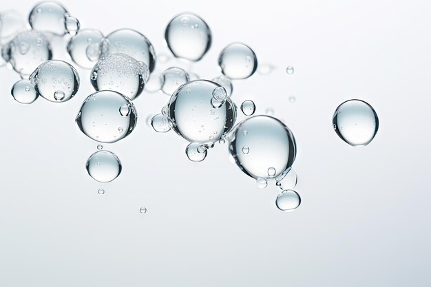 Krople wody umieszczone na białym tle, małe kuliste kulki cieczy na powierzchni służące do prezentacji produktu, reprezentujące ideę czystości.