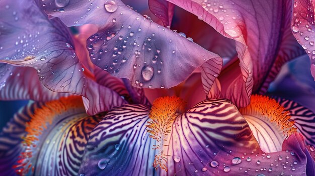 Krople wody wzbogacają żywe szczegóły i kolory fioletowego kwiatu tęczówki z bliska