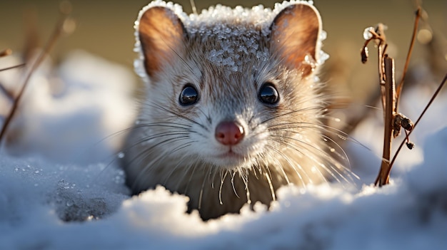 krótkoogony łasica wyskakuje głową z śniegu podczas polowania na jedzenie w zimie
