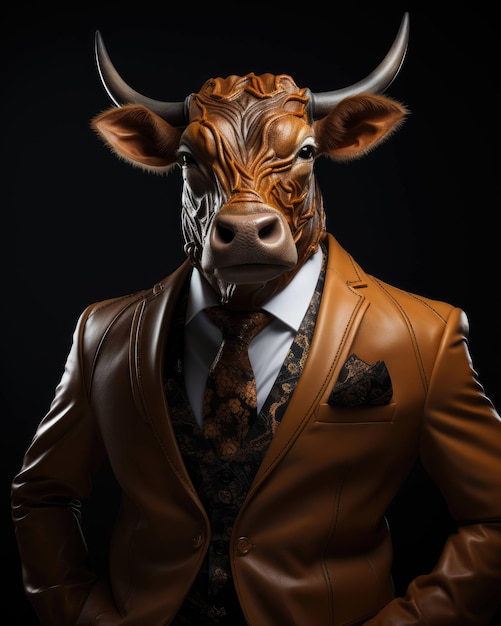 Krowa 3D w garniturze z ludzkim ciałem wyglądającym poważnie z dramatycznym tłem studyjnym