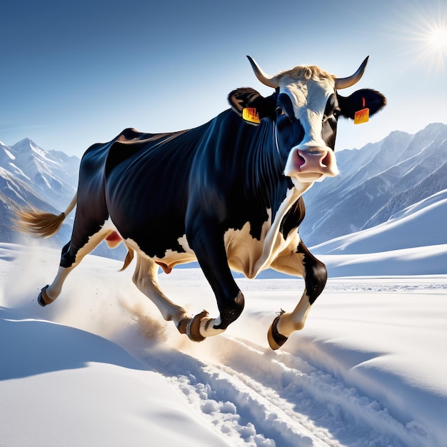 Zdjęcie krowa biega na tle ścieżki pustynna przyroda dzikie zwierzęta i śnieg