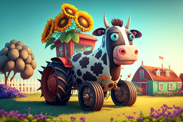 Zdjęcie krowa jest na farmie z traktorem i stodołą za nią.