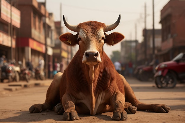 krowa leżąca na środku ulicy