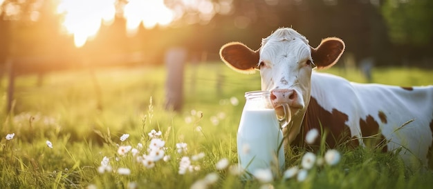 Krowa mleczna Rolnictwo z mlekiem i bydłem na zielonej łące krajobraz wiosenny generowany przez sztuczną inteligencję