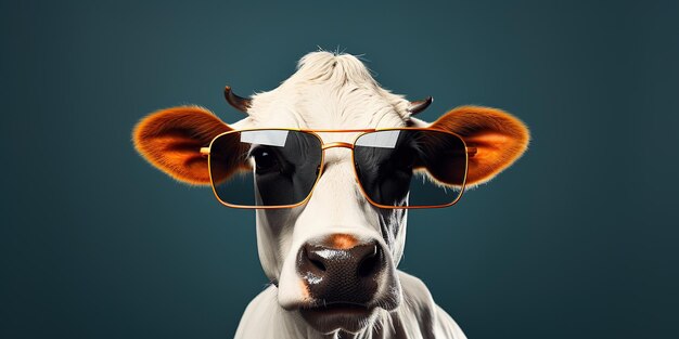 Zdjęcie krowa nosząca okulary przeciwsłoneczne przed niebieskim tłem surrealistyczny portret zwierzęcy