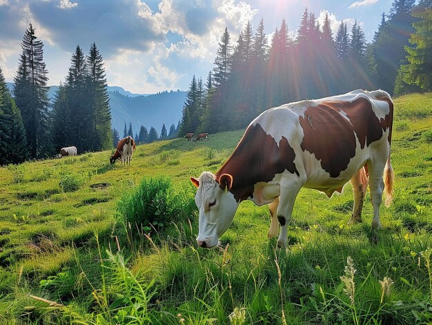 Zdjęcie krowa pasie się na polu z drzewami na tle