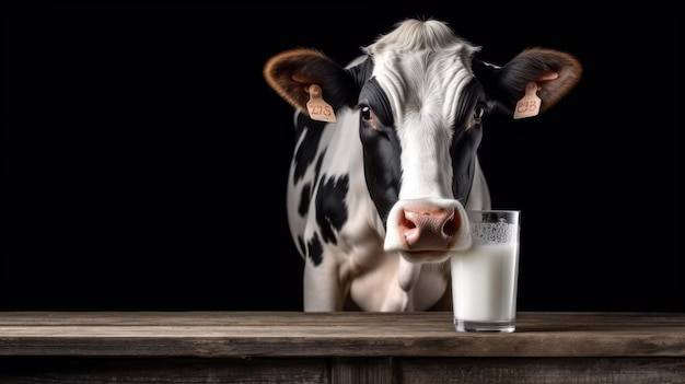 krowa pijąca mleko ze szklanki z krową w tle.