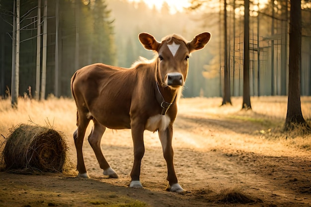 Krowa stoi na polnej drodze w lesie.