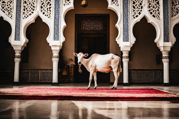 Zdjęcie krowa stoi przed budynkiem z czerwonym dywanem na eid ul adha