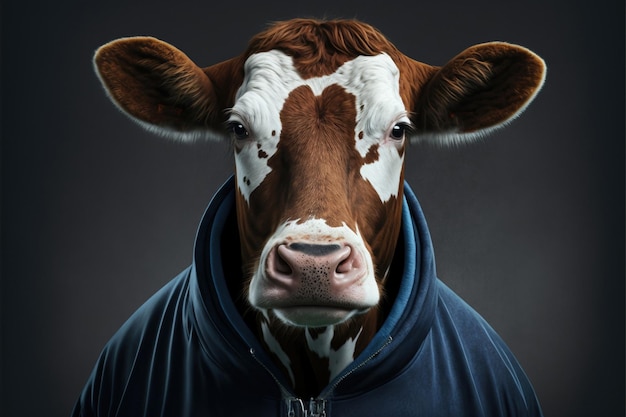 Krowa w bluzie z kapturem z napisem „jestem”.