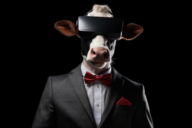 Krowa w garniturze i wirtualna rzeczywistość na czarnym tle
