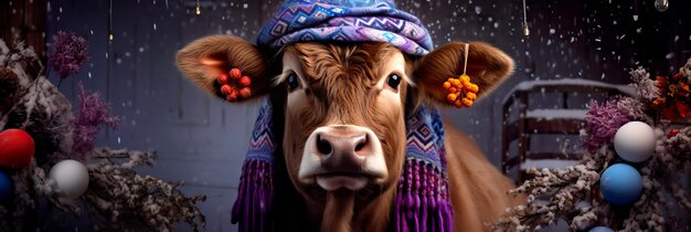 Zdjęcie krowa w noworocznej czapce z dzwoneczkami