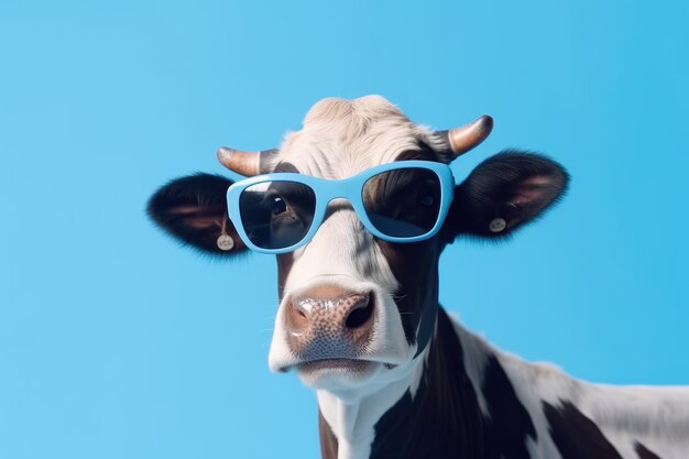 Zdjęcie krowa w okularach przeciwsłonecznych na niebieskim tle surrealistyczny portret zwierząt generacyjna sztuczna inteligencja