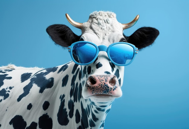 Krowa w okularach przeciwsłonecznych na pomarańczowym tle